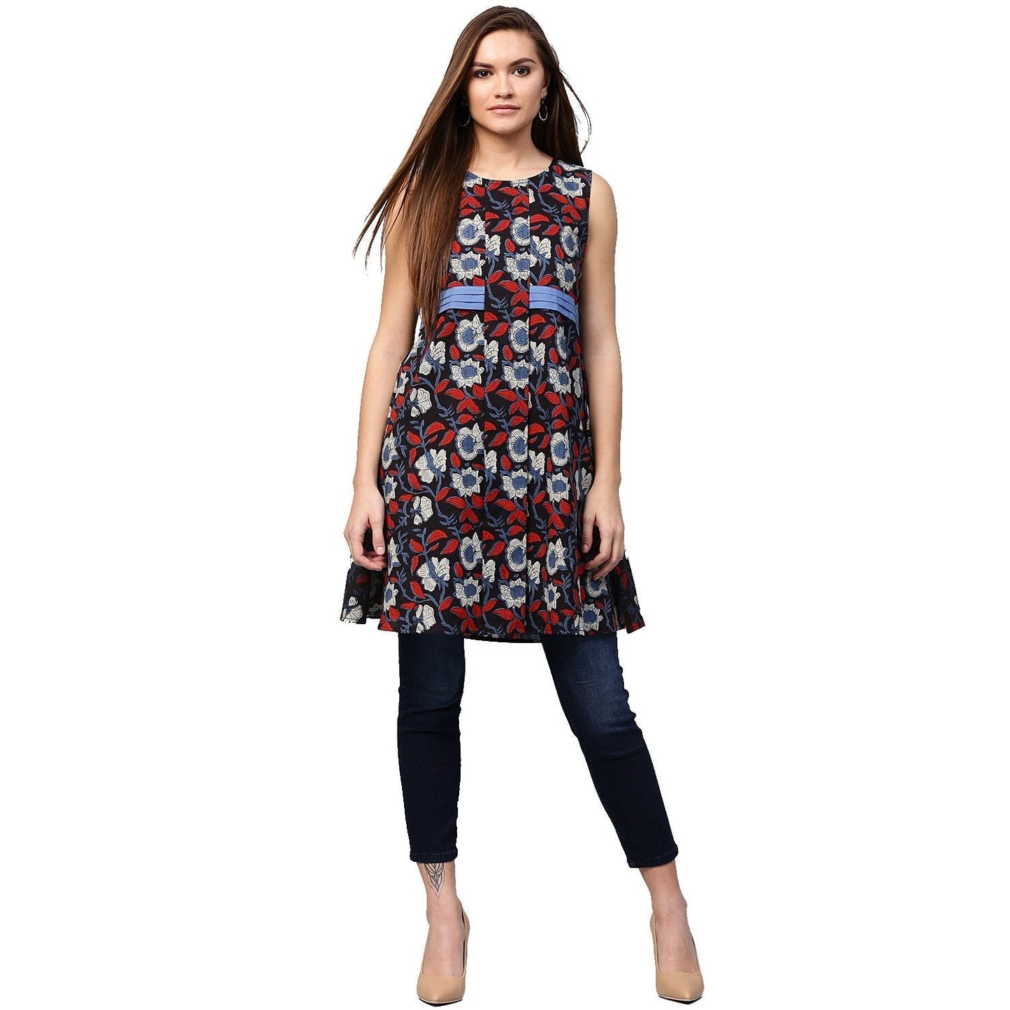 Women's Black Printed Sleeveless Cotton Flared Tunics