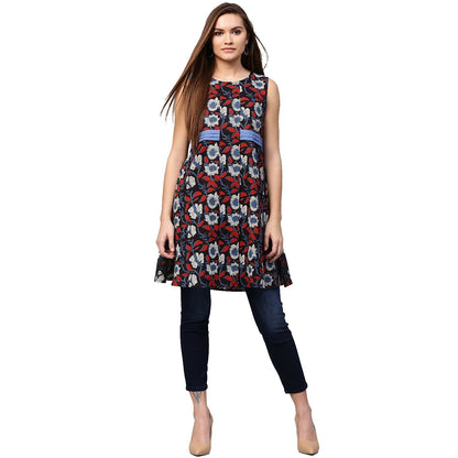 Women's Black Printed Sleeveless Cotton Flared Tunics