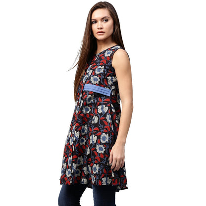 Women's Black Printed Sleeveless Cotton Flared Tunics