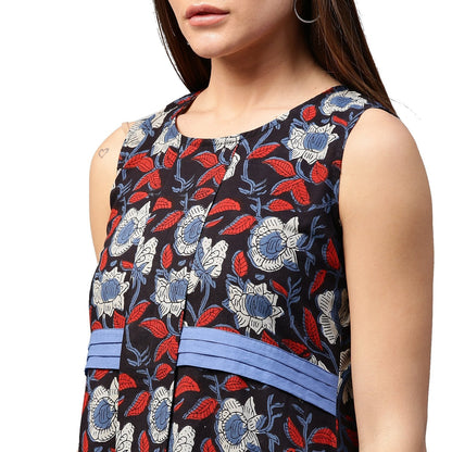 Women's Black Printed Sleeveless Cotton Flared Tunics