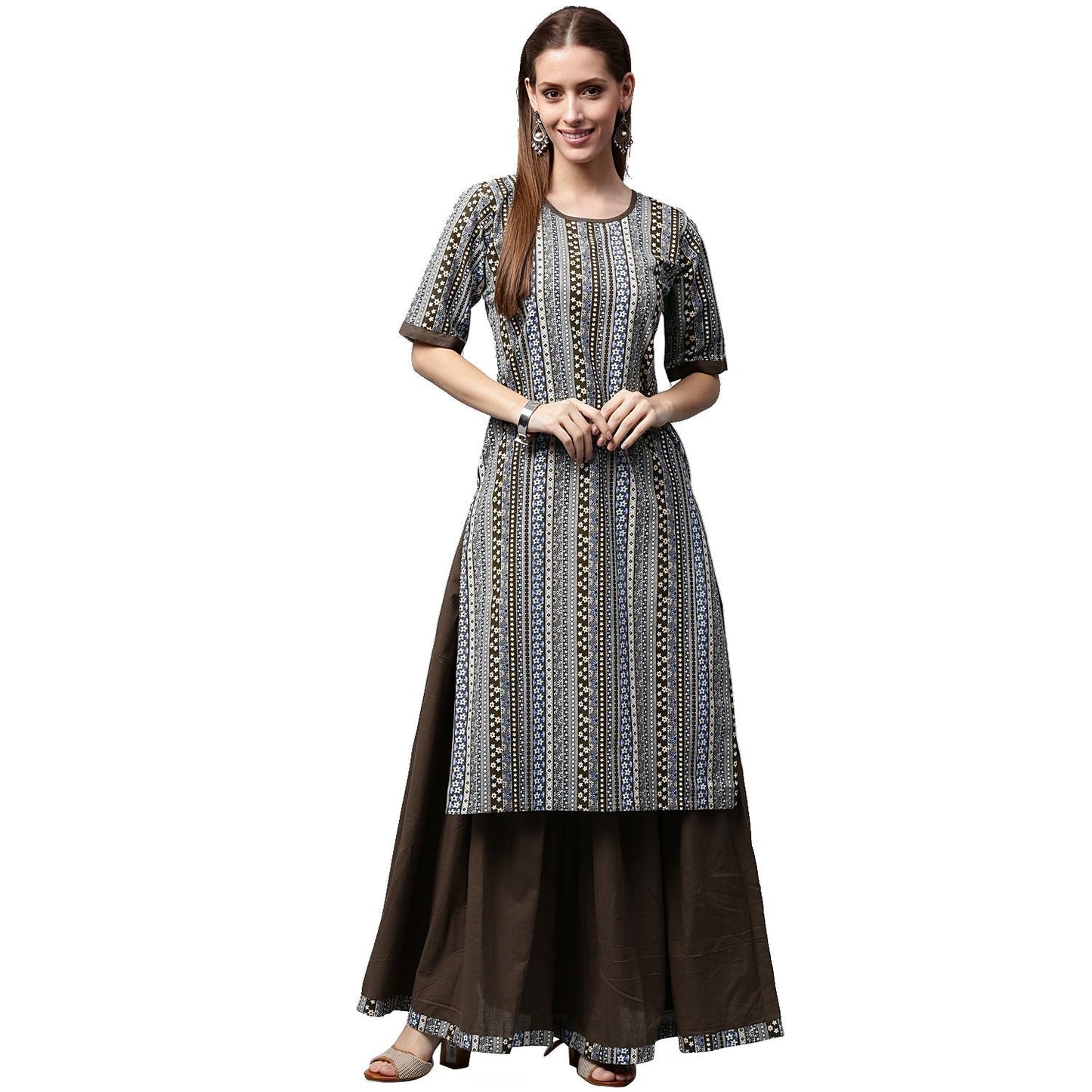 Women's Grey Printed Half Sleeve Cotton Kurta With Black Skirt