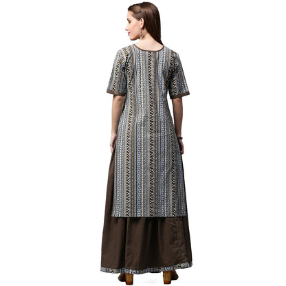 Women's Grey Printed Half Sleeve Cotton Kurta With Black Skirt