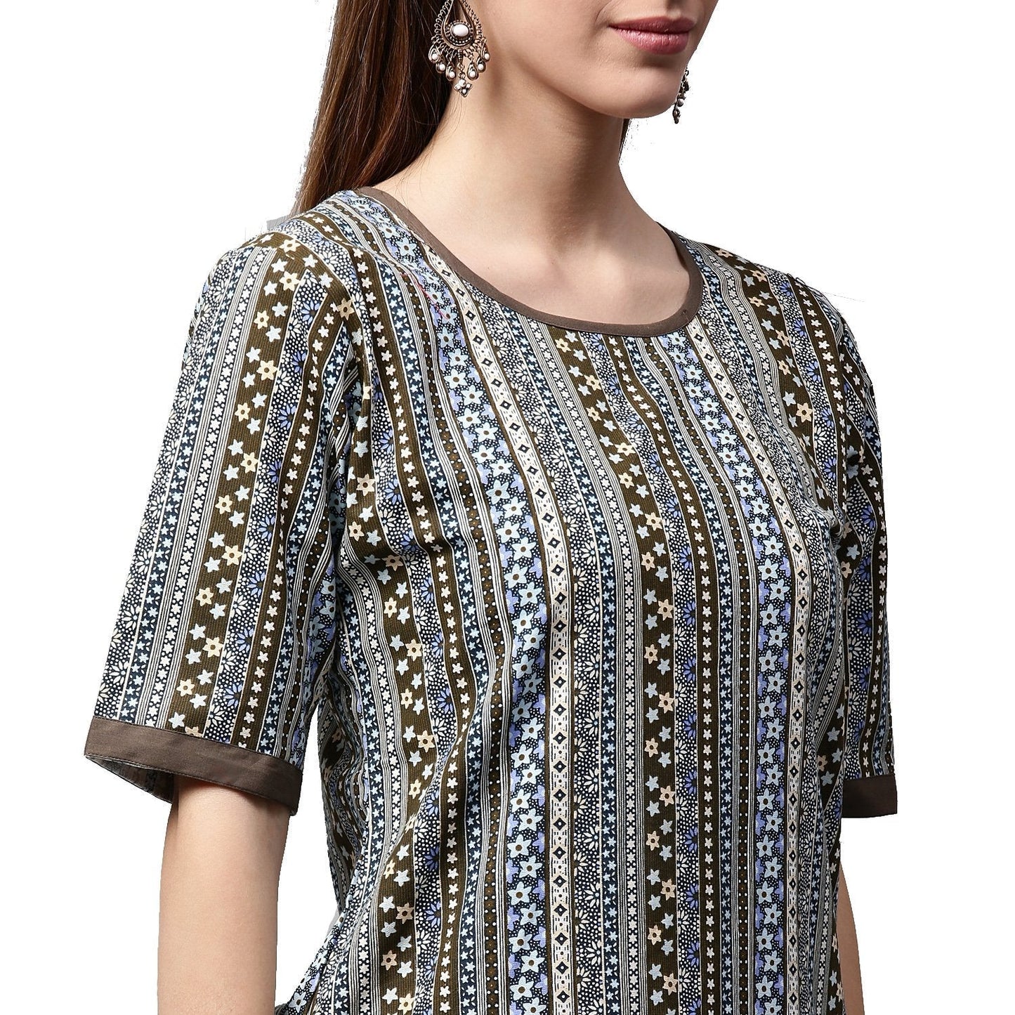 Women's Grey Printed Half Sleeve Cotton Kurta With Black Skirt
