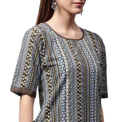 Women's Grey Printed Half Sleeve Cotton Kurta With Black Skirt