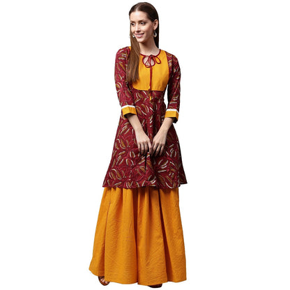 Women's Red Printed 3/4Th Sleeve Cropped Anarkali Kurta With Yellow Printed Skirt