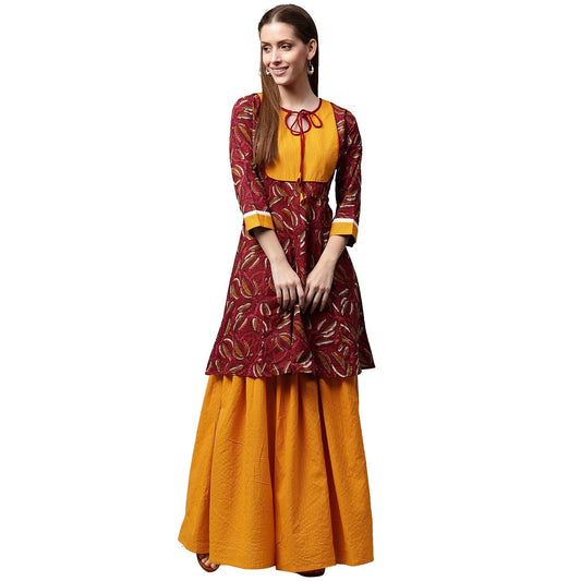 Women's Red Printed 3/4Th Sleeve Cropped Anarkali Kurta With Yellow Printed Skirt