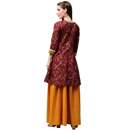Women's Red Printed 3/4Th Sleeve Cropped Anarkali Kurta With Yellow Printed Skirt