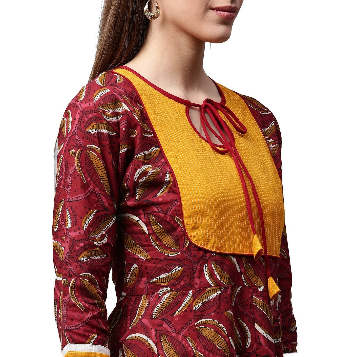 Women's Red Printed 3/4Th Sleeve Cropped Anarkali Kurta With Yellow Printed Skirt