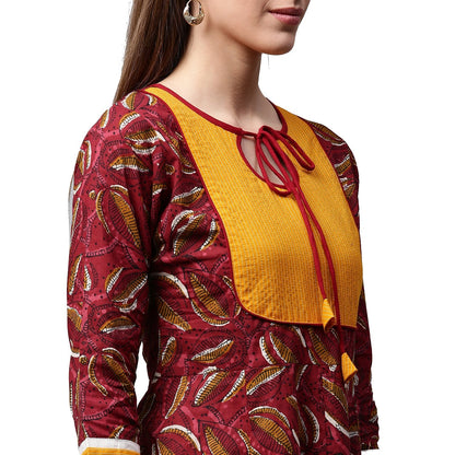 Women's Red Printed 3/4Th Sleeve Cropped Anarkali Kurta With Yellow Printed Skirt