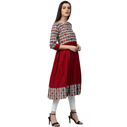 Women's Maroon Printed 3/4Th Sleeve Cotton Anarkali Kurta