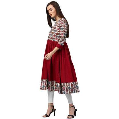 Women's Maroon Printed 3/4Th Sleeve Cotton Anarkali Kurta