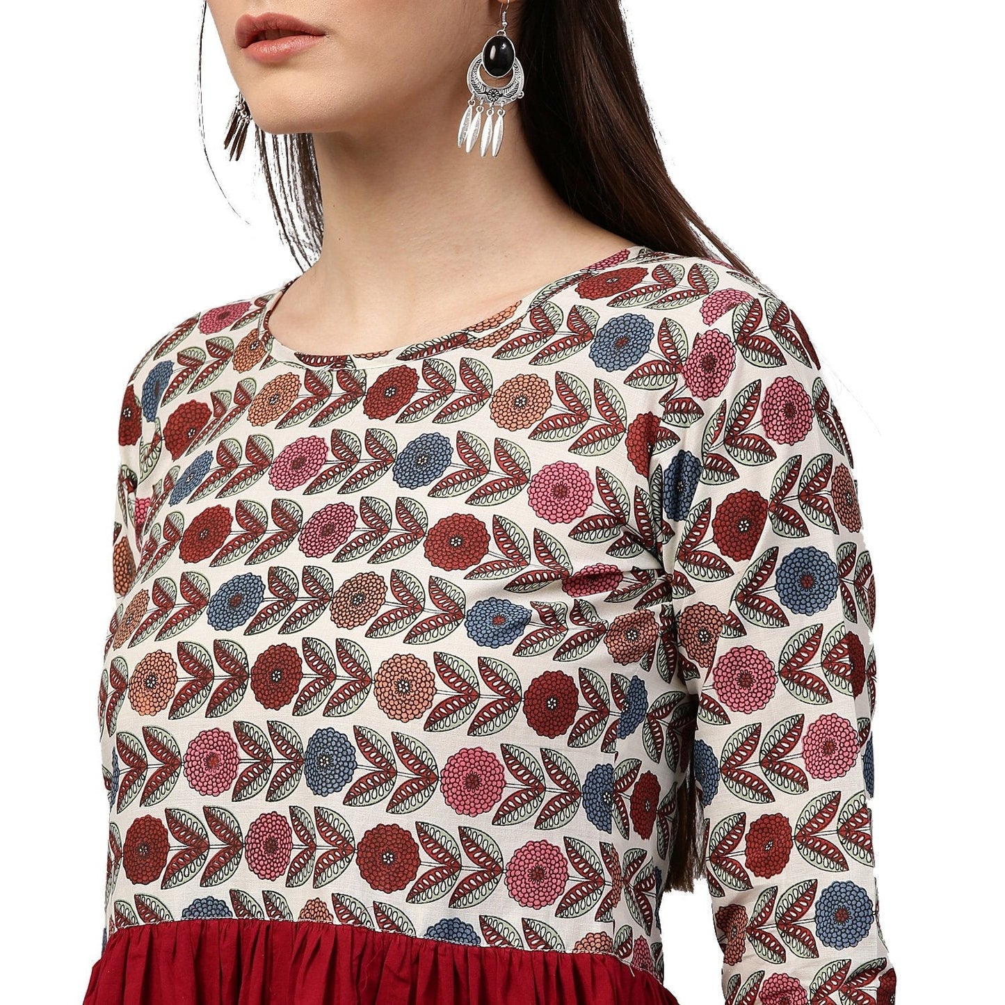 Women's Maroon Printed 3/4Th Sleeve Cotton Anarkali Kurta