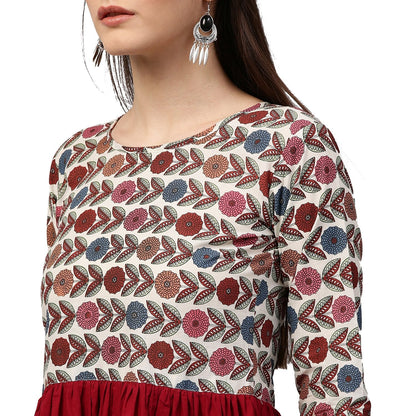 Women's Maroon Printed 3/4Th Sleeve Cotton Anarkali Kurta