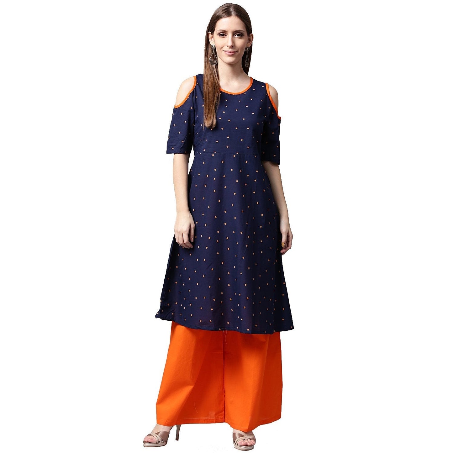 Women's Blue Printed Half Sleeve Cotton Kurta With Orange Palazzos
