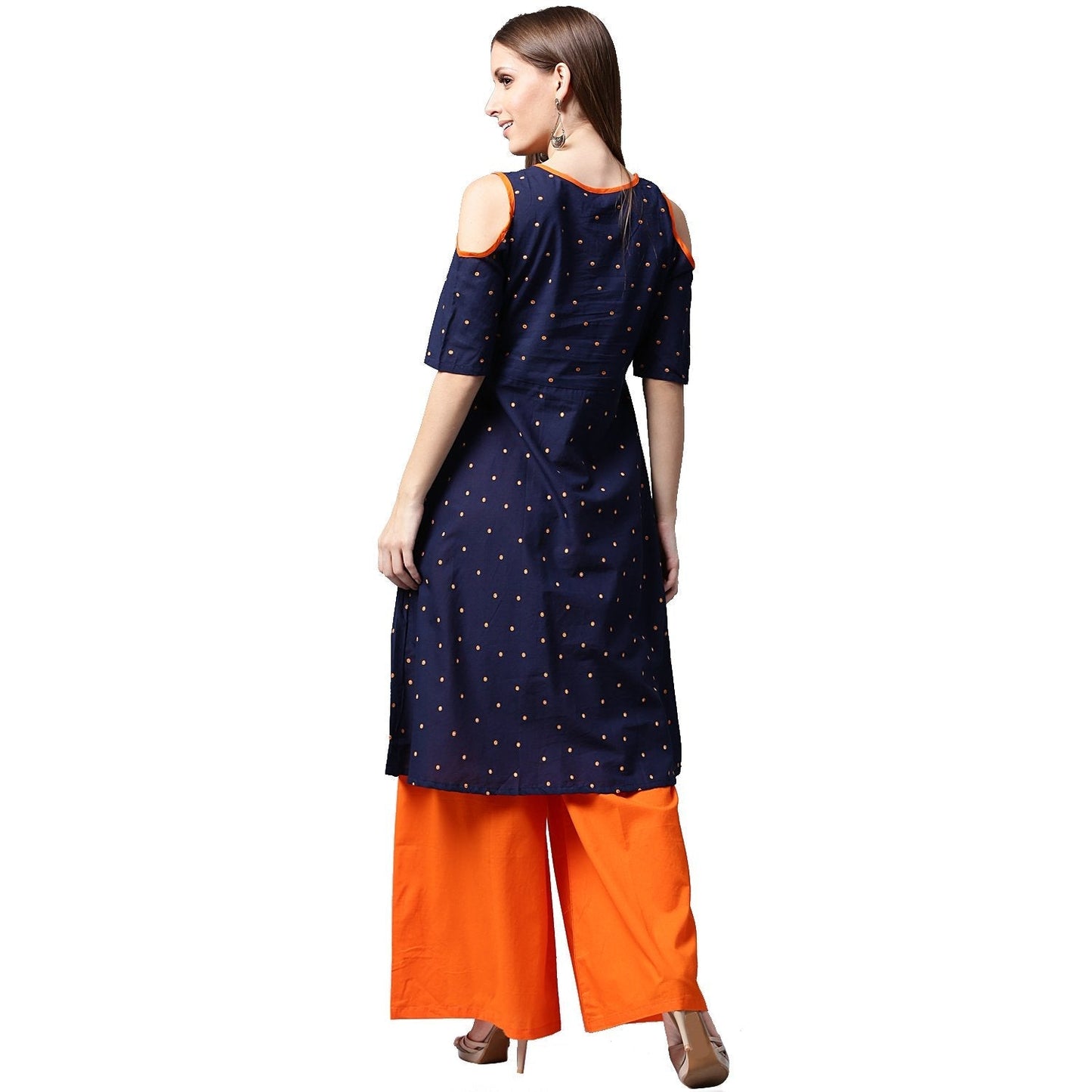 Women's Blue Printed Half Sleeve Cotton Kurta With Orange Palazzos