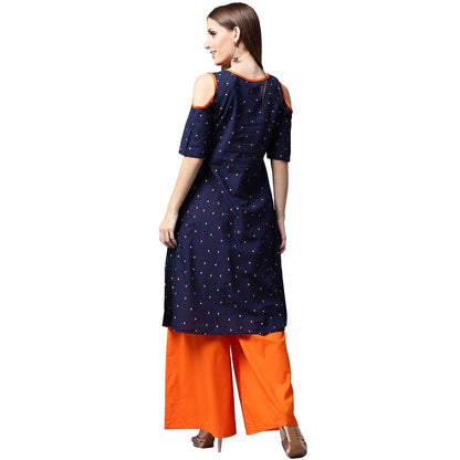 Women's Blue Printed Half Sleeve Cotton Kurta With Orange Palazzos