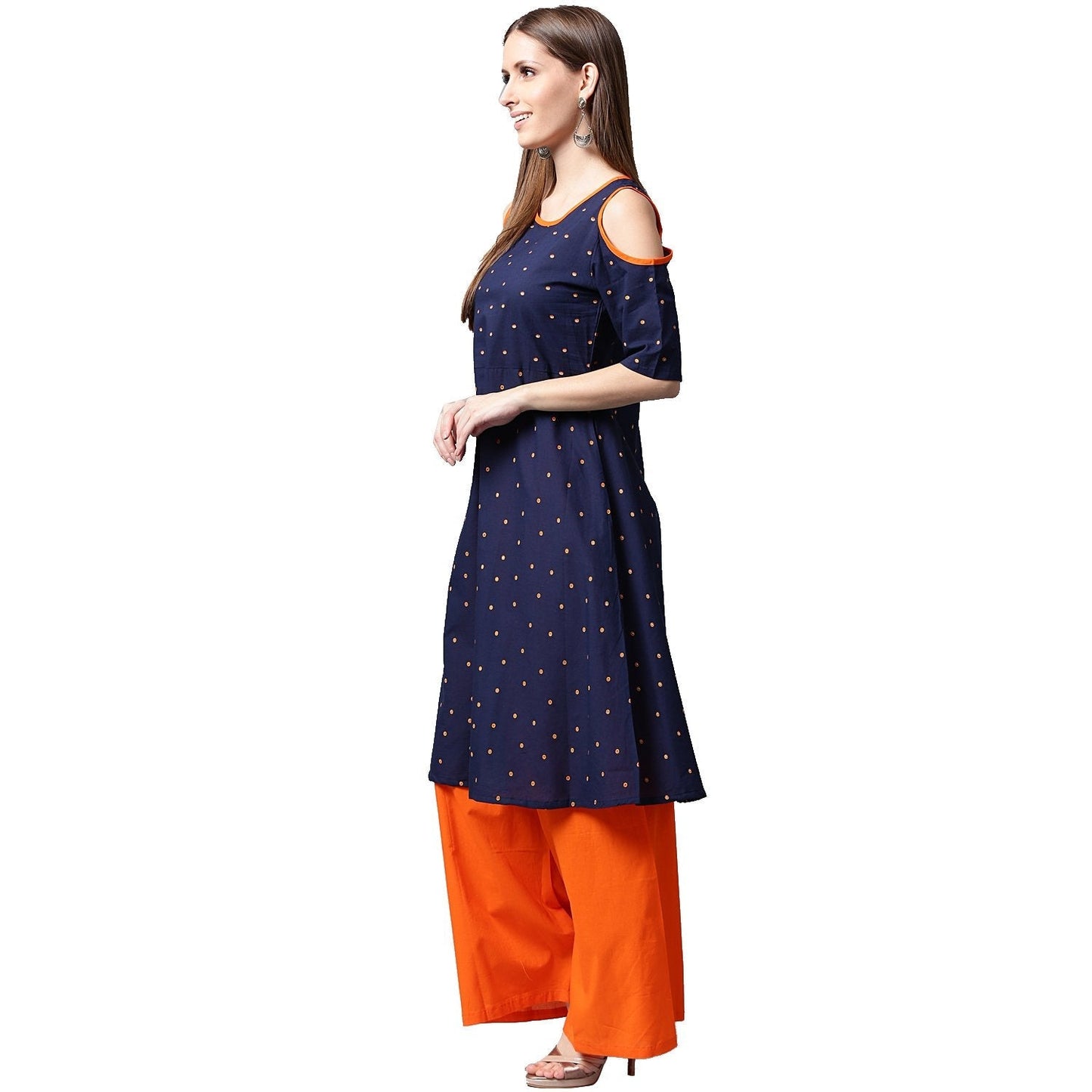 Women's Blue Printed Half Sleeve Cotton Kurta With Orange Palazzos