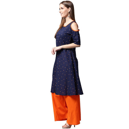 Women's Blue Printed Half Sleeve Cotton Kurta With Orange Palazzos