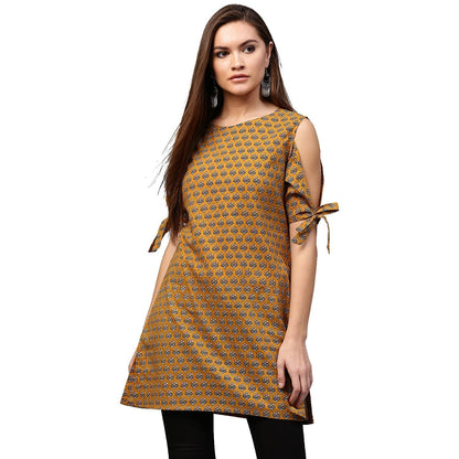 Women's Yellow Half Sleeve Cotton Cold Shoulder Tunic