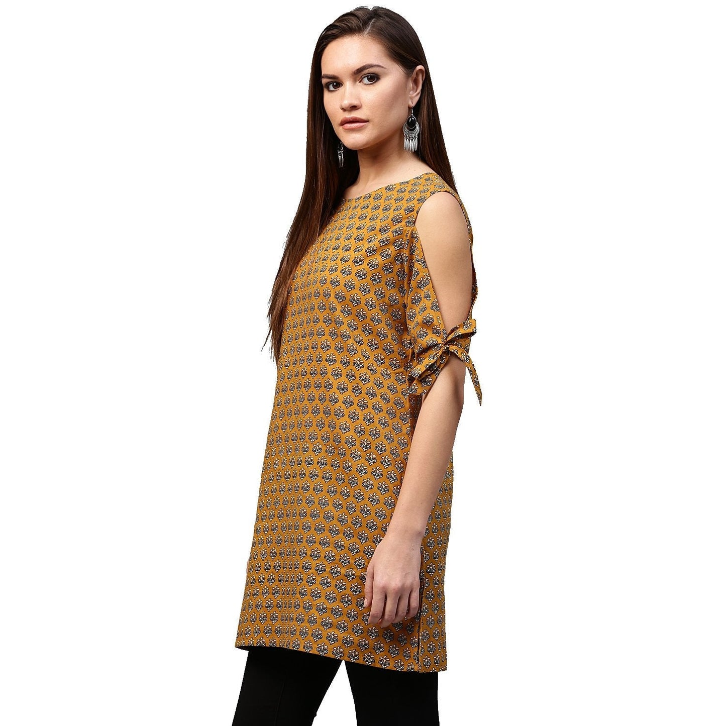 Women's Yellow Half Sleeve Cotton Cold Shoulder Tunic