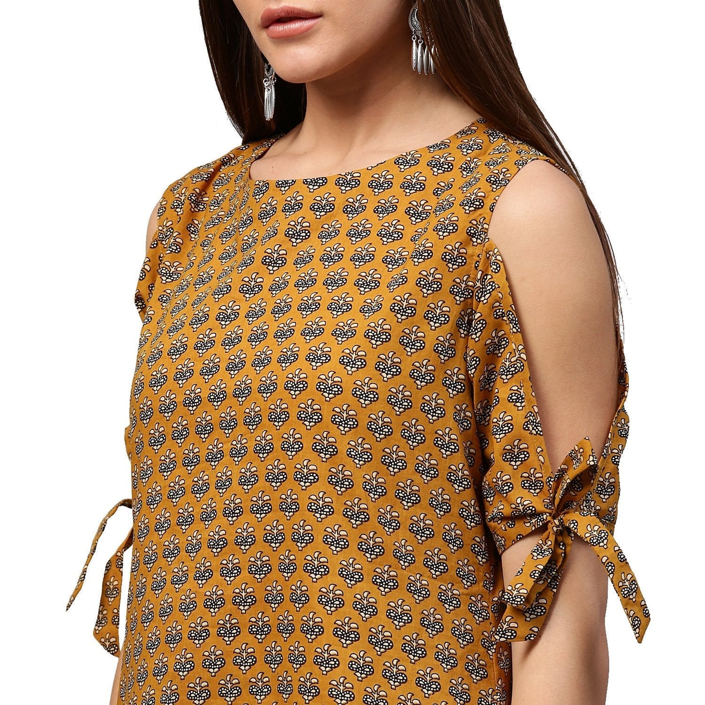 Women's Yellow Half Sleeve Cotton Cold Shoulder Tunic