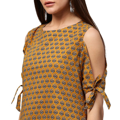 Women's Yellow Half Sleeve Cotton Cold Shoulder Tunic