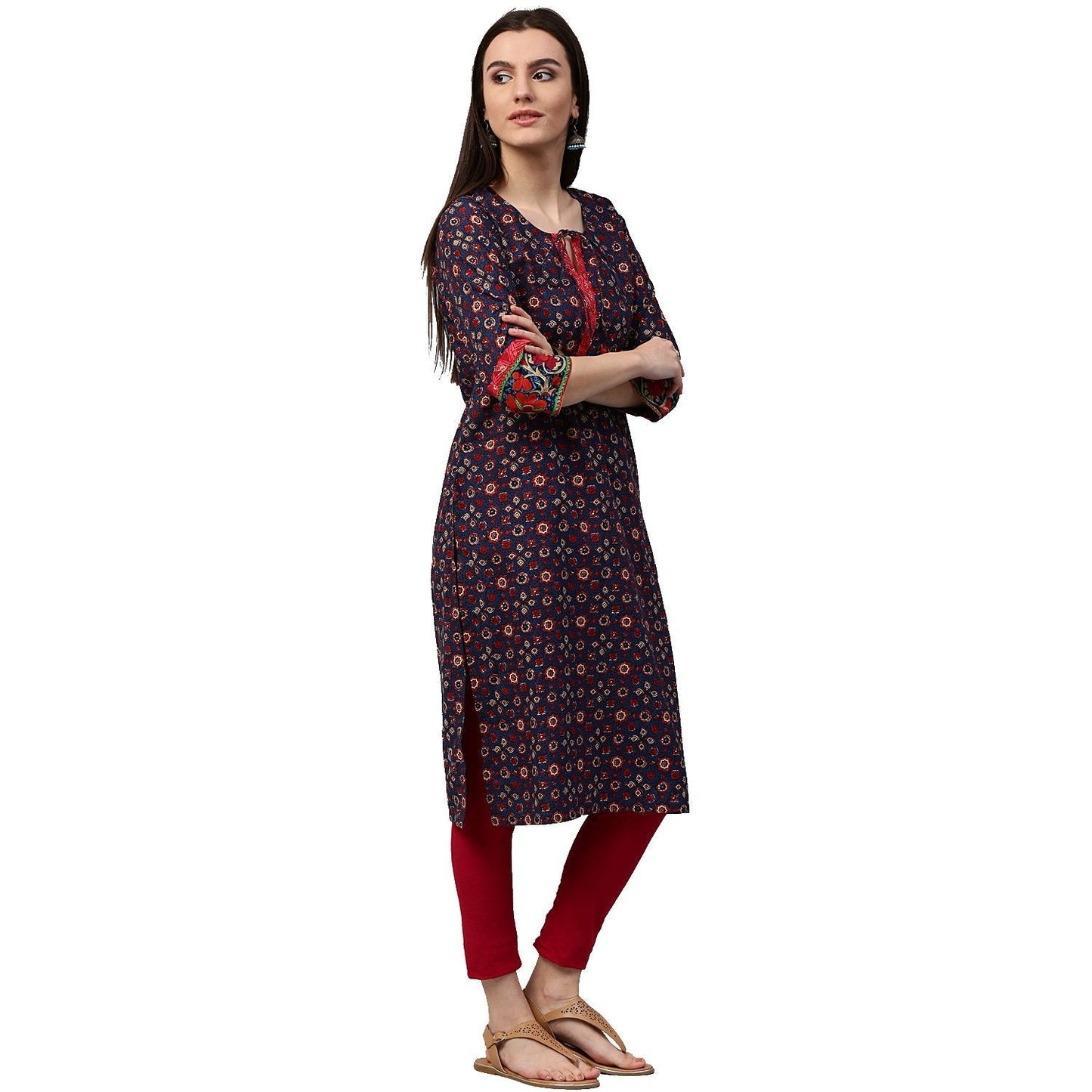 Women's Blue Printed 3/4Th Sleeve Cotton Kurta With Dori Work At Yoke