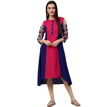 Women's Blue & Pink 3/4Th Sleeve Cotton Kurta