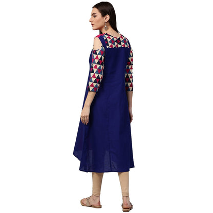 Women's Blue & Pink 3/4Th Sleeve Cotton Kurta