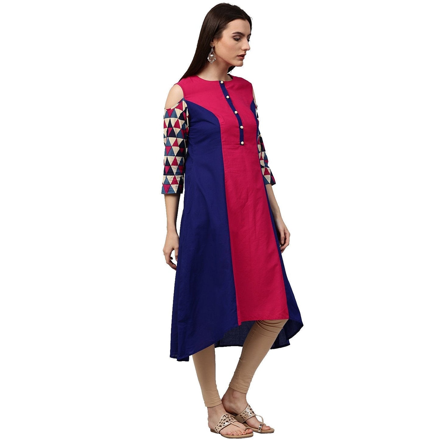 Women's Blue & Pink 3/4Th Sleeve Cotton Kurta