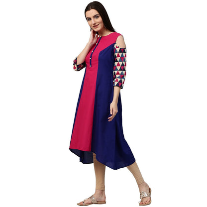 Women's Blue & Pink 3/4Th Sleeve Cotton Kurta