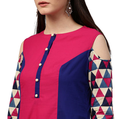 Women's Blue & Pink 3/4Th Sleeve Cotton Kurta