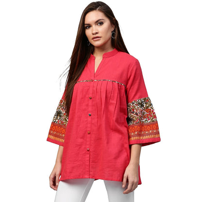 Women's Peach 3/4Th Sleeve Cotton Tunics With Button Work