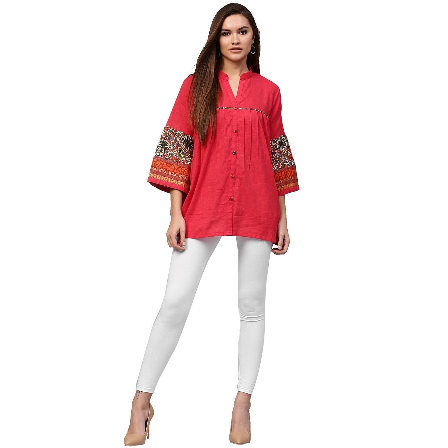 Women's Peach 3/4Th Sleeve Cotton Tunics With Button Work