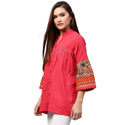 Women's Peach 3/4Th Sleeve Cotton Tunics With Button Work