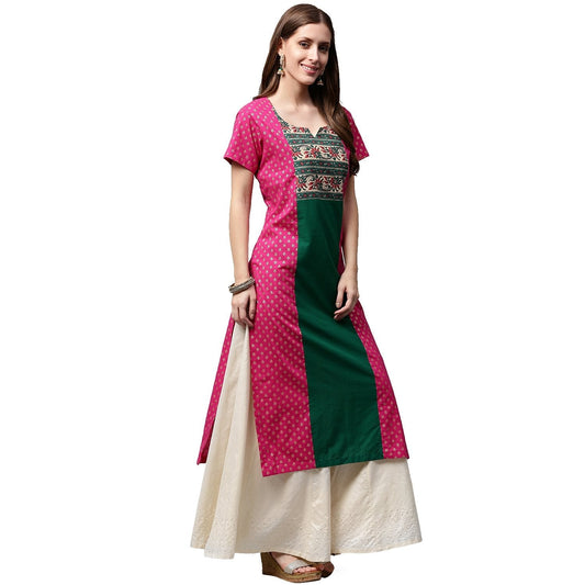 Women's Pink & Green Printed Short Sleeve Cotton A-Line Kurta