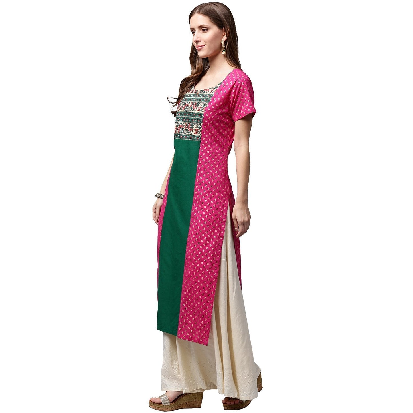 Women's Pink & Green Printed Short Sleeve Cotton A-Line Kurta