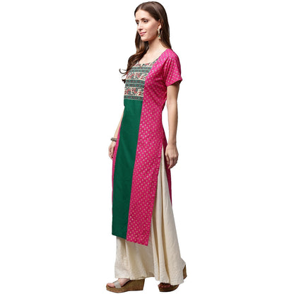 Women's Pink & Green Printed Short Sleeve Cotton A-Line Kurta