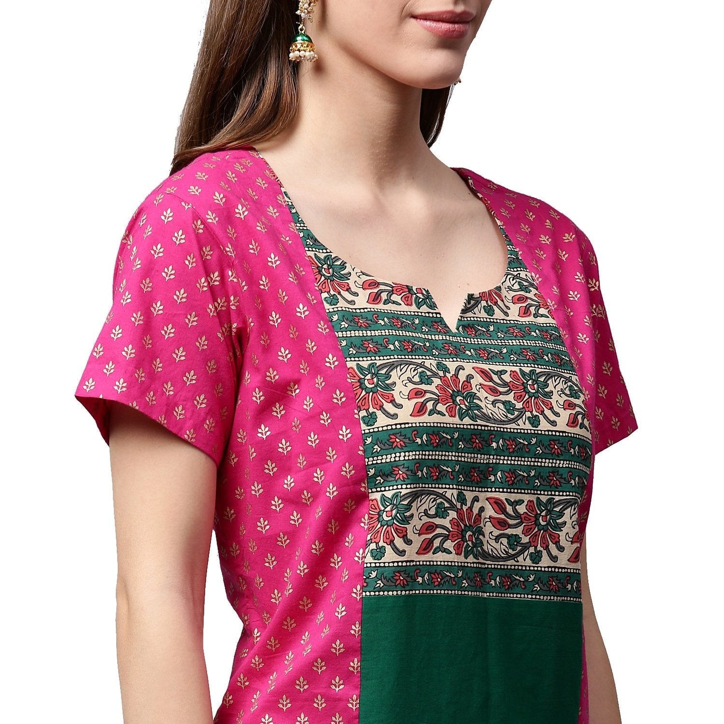 Women's Pink & Green Printed Short Sleeve Cotton A-Line Kurta
