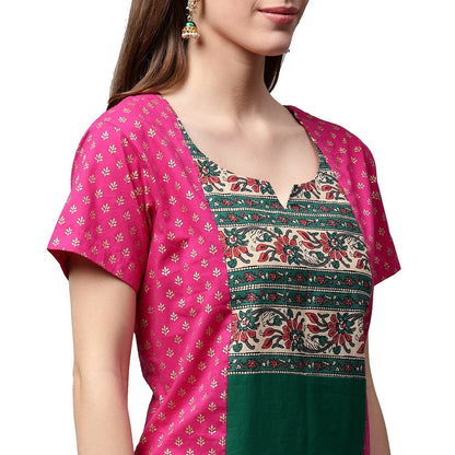 Women's Pink & Green Printed Short Sleeve Cotton A-Line Kurta