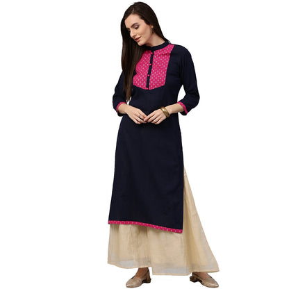 Women's Blue 3/4Th Sleeve Cotton Slub Kurta With Printed Yoke