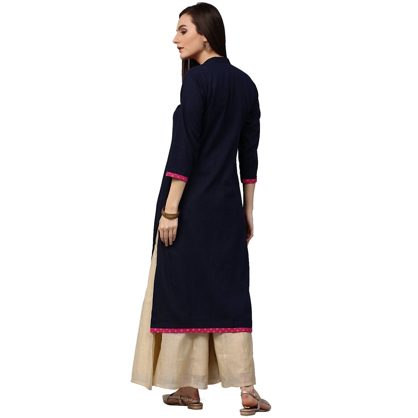 Women's Blue 3/4Th Sleeve Cotton Slub Kurta With Printed Yoke