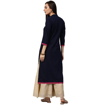 Women's Blue 3/4Th Sleeve Cotton Slub Kurta With Printed Yoke
