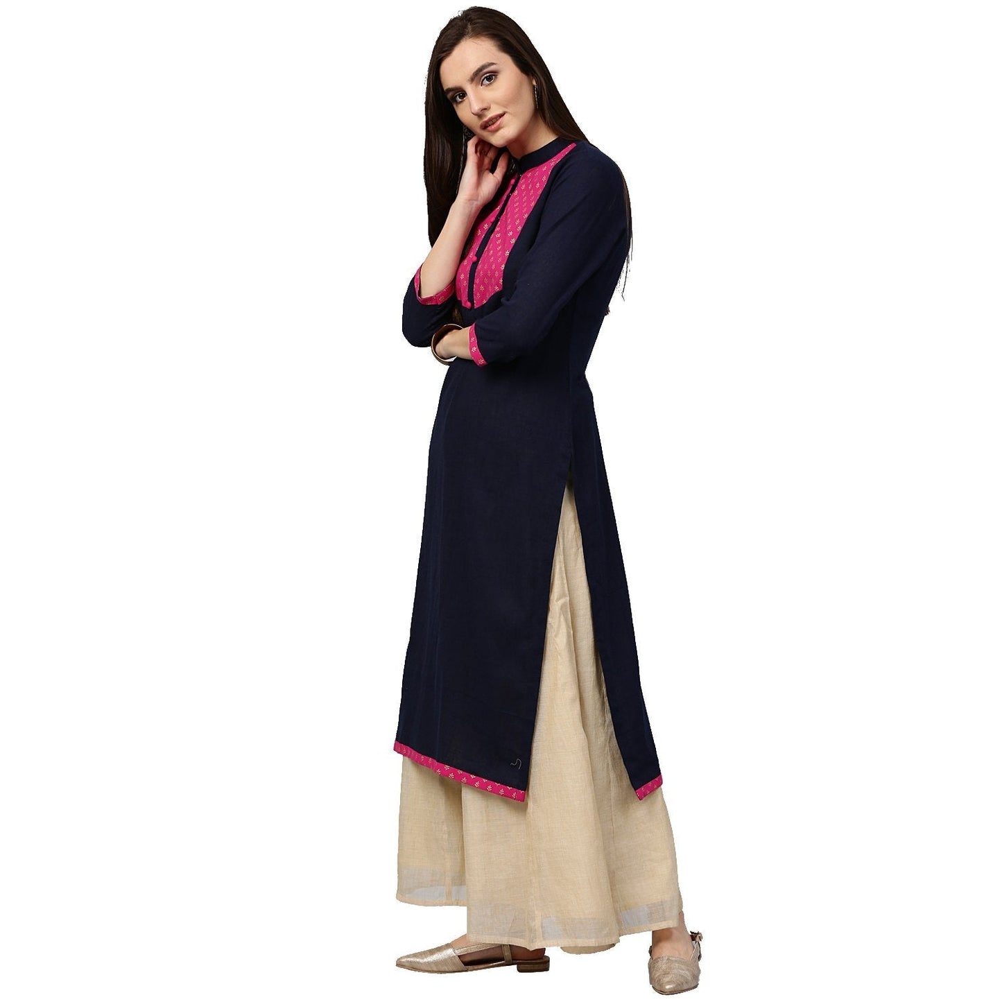 Women's Blue 3/4Th Sleeve Cotton Slub Kurta With Printed Yoke