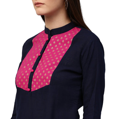 Women's Blue 3/4Th Sleeve Cotton Slub Kurta With Printed Yoke