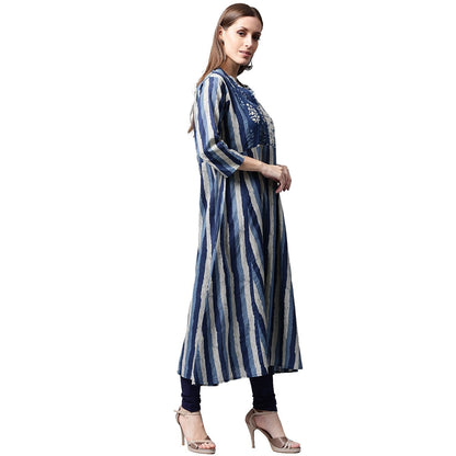 Women's Blue Printed 3/4Th Sleeve Cotton A-Line Kurta