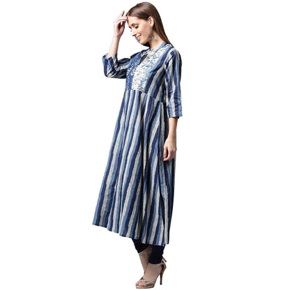 Women's Blue Printed 3/4Th Sleeve Cotton A-Line Kurta
