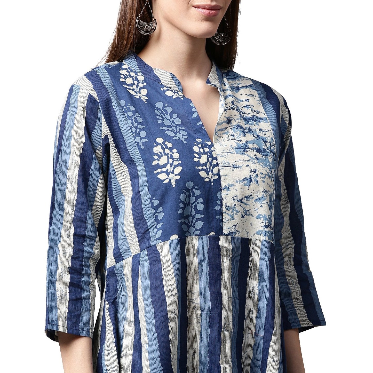 Women's Blue Printed 3/4Th Sleeve Cotton A-Line Kurta