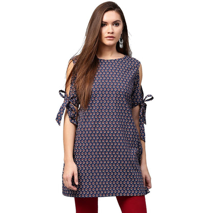 Women's Blue Printed Half Sleeve With Cold Shoulder Cotton Tunic