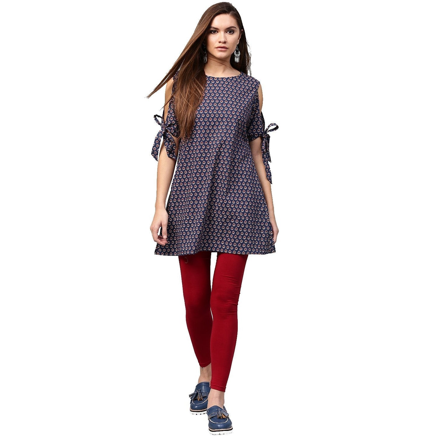 Women's Blue Printed Half Sleeve With Cold Shoulder Cotton Tunic